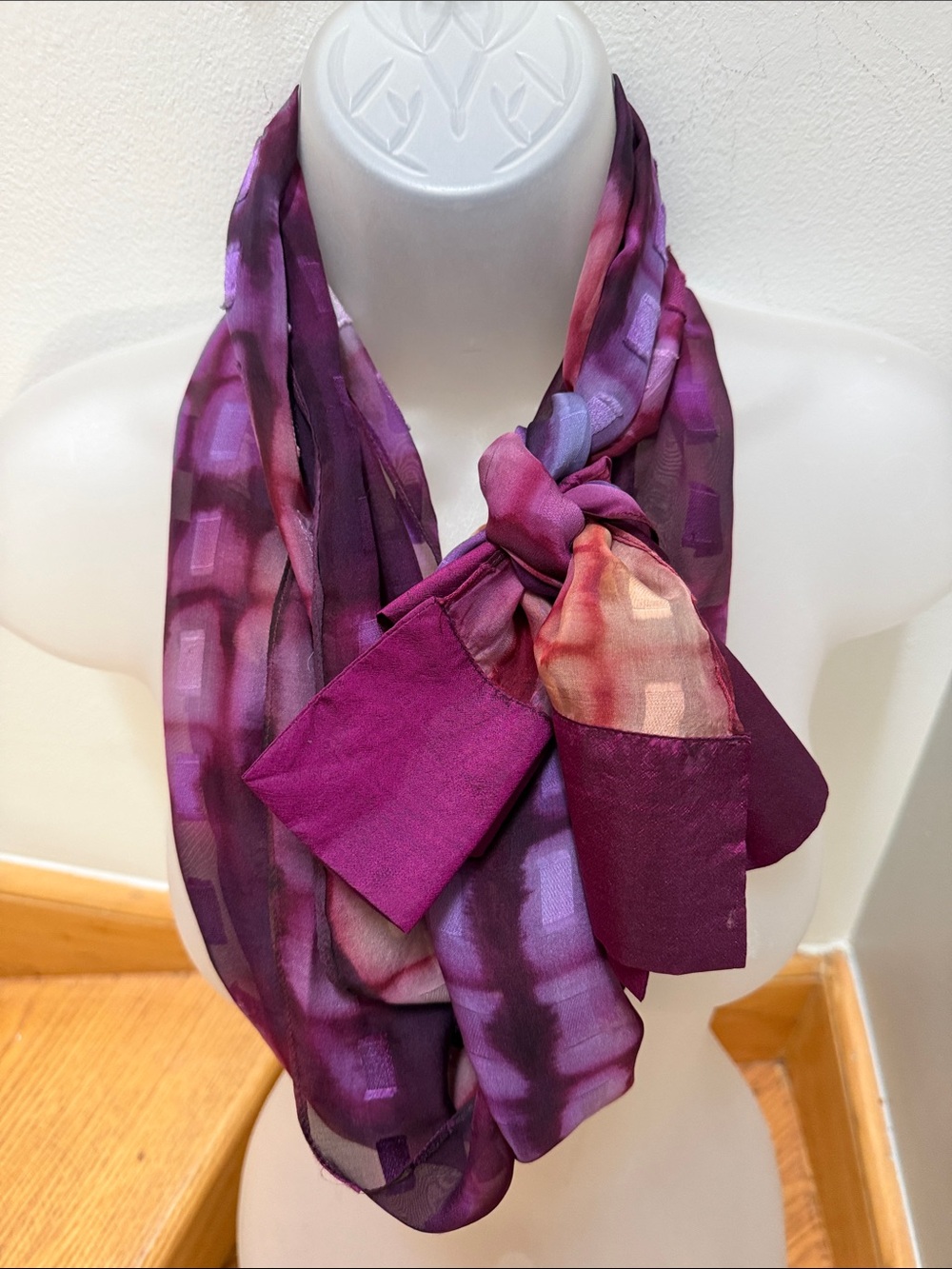 VTG Shibori Tie Dye Silk Scarf Purple Geometric Sheer Textured Block Border